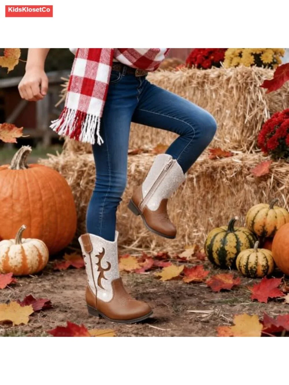 Girls Western Boots with Glitter PU Leather Side Zipper Non-Slip